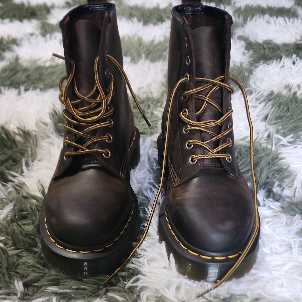 Dr. Martens Brown Leather Lace-Up Boots with Yellow Stitching